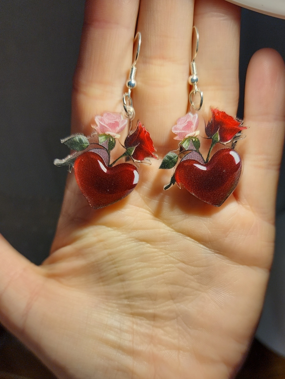 1 Pair Elegant Valentine's Heart Shaped Earrings, Cute Red And Pink Rose Acrylic